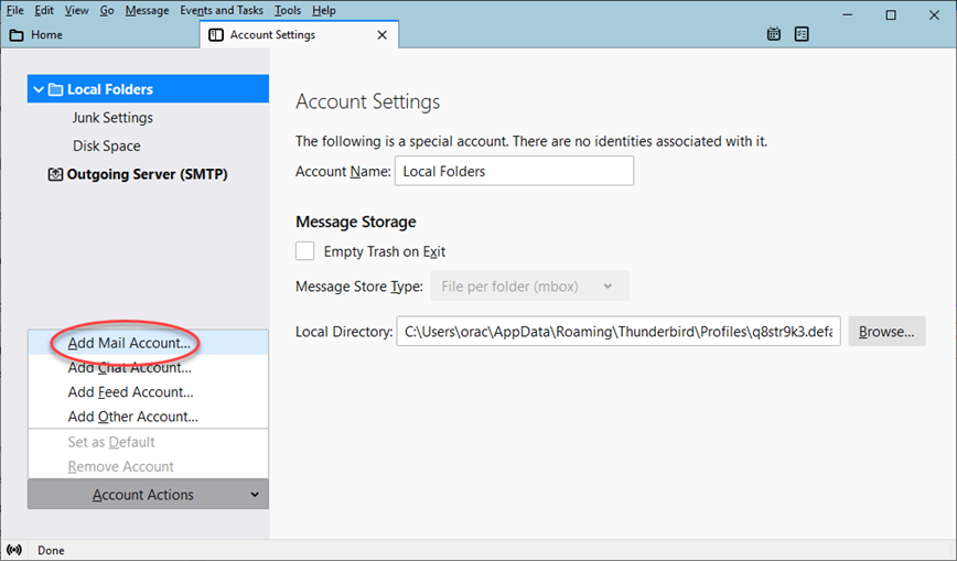 Screenshot: Choose Account Actions and click on Add Mail Account