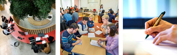 Tre bilder: Studenter i KTH:s bibliotek, studenter i ett klassrum, hand som skriver med penna