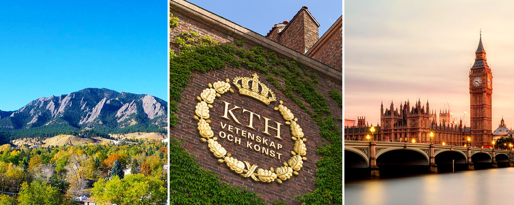 Collage av tre bilder: Berg i Boulder, KTH-logga på tegelvägg, och Big Ben i London