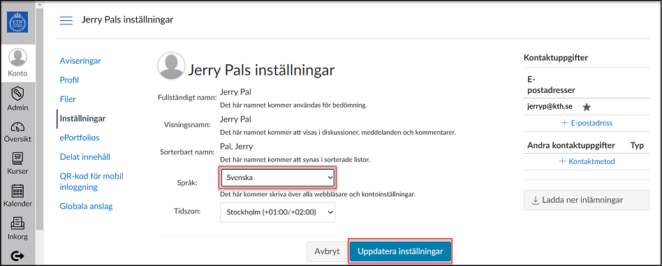 update language settings from Swedish in Canvas