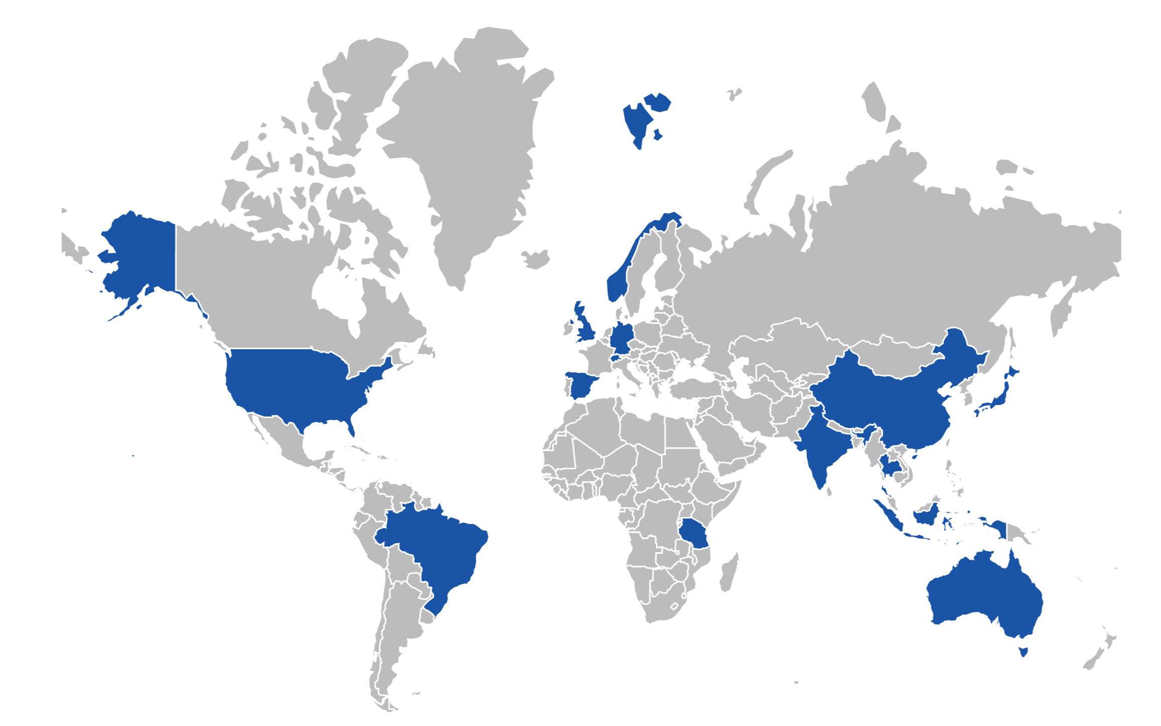 World map where the colored countries mark the locations of Alumni Chapters