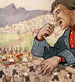En gammal illustration från en upplaga av boken Gullivers resor. Illustrerar storleksskillnaden mellan Gulliver och lilleputtar.