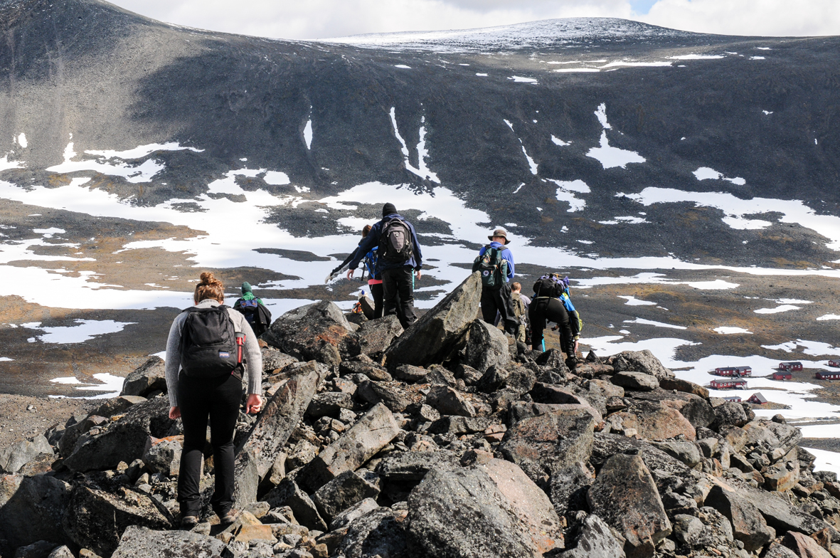 Exploring glacier morains at Tarfala valley, Arctic course in 2014. Photo: Dag Avango