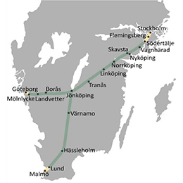 En karta över södra Sverige där den potentiella, nya linjesträckningen är utritad.