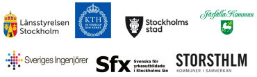 Picture of logotypes for collaborators in Sfinx; the County Administrative Board, KTH, the municipality of Stockholm, the municipality of Järfälla, the Swedish Association of graduate engineers, Sfx and Storsthlm