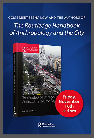 A poster for an author-public meeting for the book "The Routledge Handbook of Anthropology and the City"