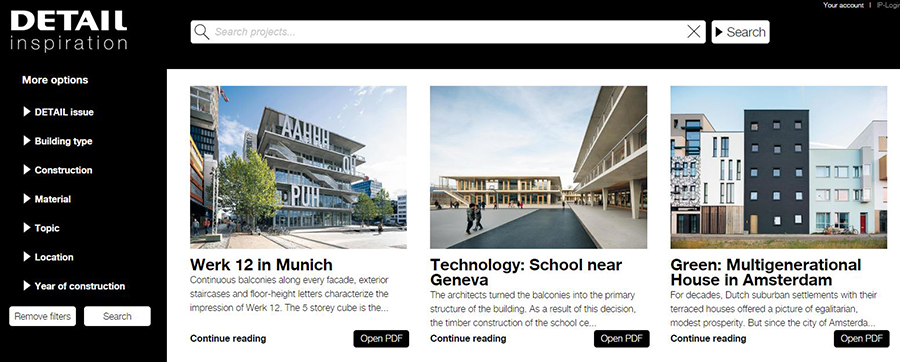 Image showing the interface of the database DETAIL Inspiration.