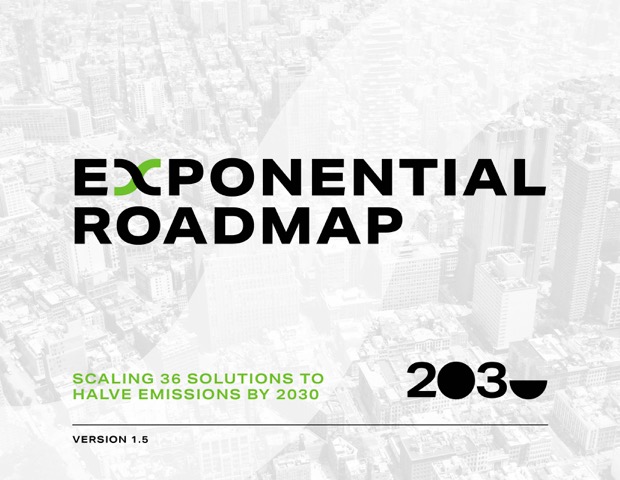 Text: Exponential Roadmap. Scaling 36 solutions to halve emissions by 2030.