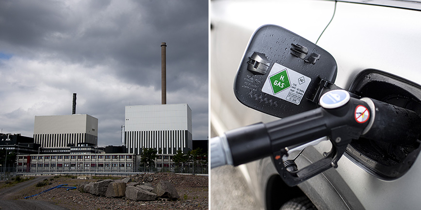 Exteriörer från kärnkraftsverket i Oskarshamn och närbild på ett fordon tankas med drivmedel.