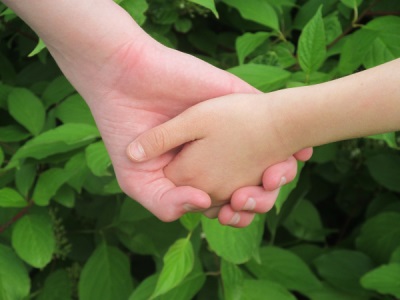 Vuxenhand och barnhand håller varandra, bakgrund är gröna blad